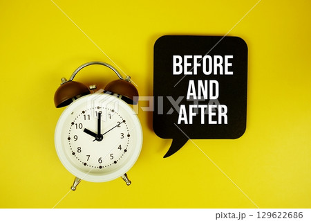 Before And After text on speech bubble with alarm clock top view on yellow background 129622686