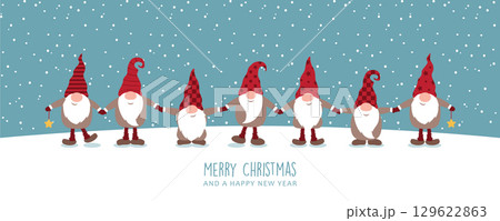 cute dwarf holding hands on snowy winter background christmas greeting card vector illustration cute dwarf holding hands on snowy winter background christmas greeting card vector illustration 129622863