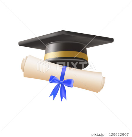 3d diploma scroll with graduate hat. Vintage roll paper 129622907