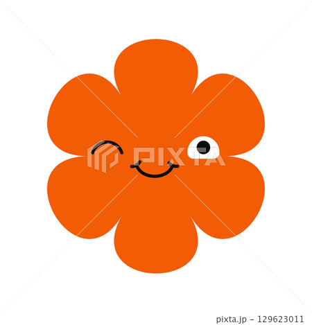 Happy daisy icon with cartoon eyes and delighted smile. Lively and colorful flower for modern designs. 129623011