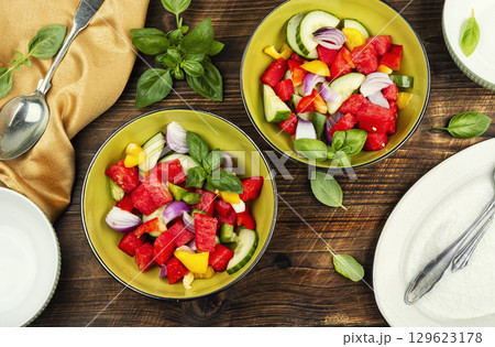 Refreshing watermelon cucumber salad, food photography. Refreshing watermelon cucumber salad, food photography. 129623178