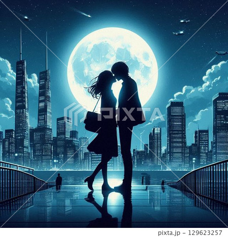 満月にキスを交わすカップル、ロマンチックな一夜 129623257