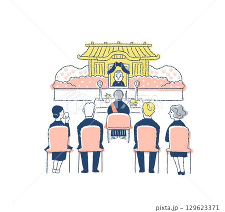 お葬式・祭壇の前の僧侶と参列者 129623371