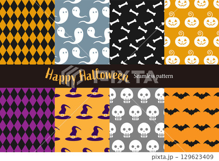 ハロウィンモチーフのシームレスなパターン柄 ベクター スウォッチ 背景 129623409