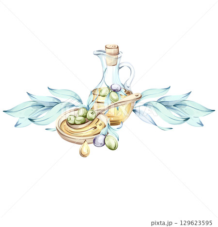 Delicate watercolor illustration of olives and olive oil celebrating elements of Italian cuisine and nature frame, border, arrangement 129623595