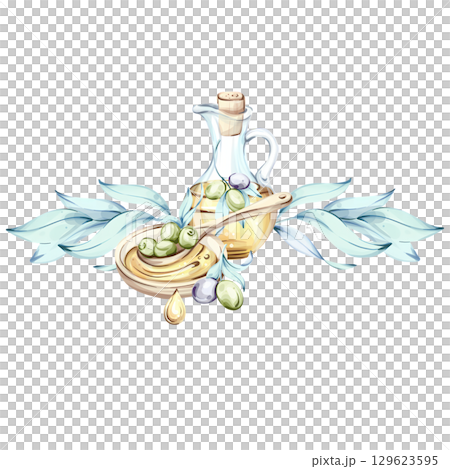 Delicate watercolor illustration of olives and olive oil celebrating elements of Italian cuisine and nature frame, border, arrangement 129623595