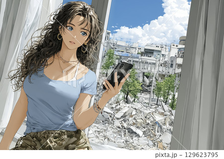 窓の外を見ながらスマホで災害状況を確認する女性 窓の外を見ながらスマホで災害状況を確認する女性 129623795