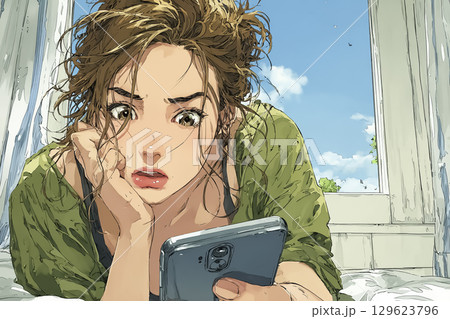 美優シリーズ：防災アプリで現在地の被害状況を確認をする女性 129623796