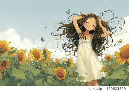 夏のひまわり畑で笑顔の少女 129623800