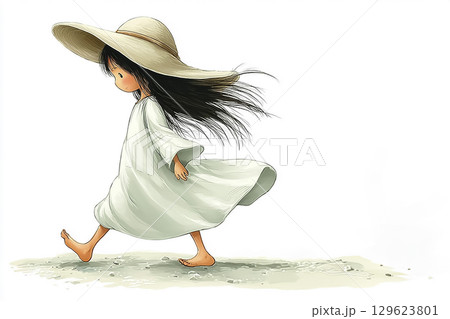夏の陽射しの中で帽子をかぶる女の子 絵本調 129623801