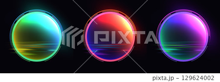 Set of neon futuristic abstract circle glowing spectrum digital art sci fi design cyber background vibrant colors high tech black background electric glow energy ring virtual reality round shape 129624002