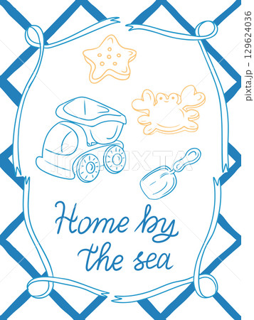 Illustrated coastal card with toy truck, shovel, starfish, and crab inside a rope frame Illustrated coastal card with toy truck, shovel, starfish, and crab inside a rope frame 129624036