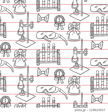 Seamless pattern with school science symbols including test tubes, flasks, and awards Seamless pattern with school science symbols including test tubes, flasks, and awards 129624037