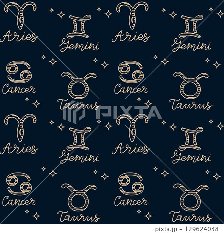 Seamless pattern with zodiac signs Aries, Taurus, Gemini, and Cancer on dark background Seamless pattern with zodiac signs Aries, Taurus, Gemini, and Cancer on dark background 129624038