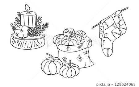 Autumn cozy still life with pumpkins, candle, pinecones, and knitted socks Autumn cozy still life with pumpkins, candle, pinecones, and knitted socks 129624065