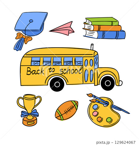 Set of school-related objects including bus, books, trophy, and art supplies Set of school-related objects including bus, books, trophy, and art supplies 129624067