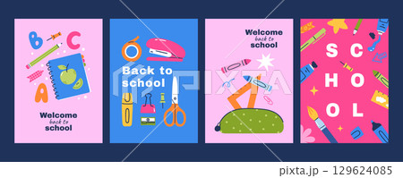Set of bright posters Back to school with school supplies. Hand drawn vector illustration for ads, educational flyers and print. 129624085