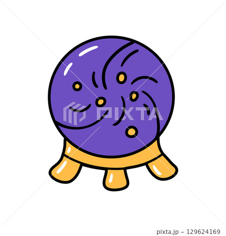 Magic purple crystal ball on a stand. Hand drawn vector illustration for fantasy book covers and tarot card designs. Magic purple crystal ball on a stand. Hand drawn vector illustration for fantasy book covers and tarot card designs. 129624169