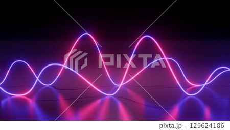 3d rendering. Neon curves in the form of geometric shapes on a black background with reflection on the floor. Bright scene 3d rendering. Neon curves in the form of geometric shapes on a black background with reflection on the floor. Bright scene 129624186