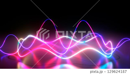 3d rendering. Neon curves in the form of geometric shapes on a black background with reflection on the floor. Bright scene 129624187