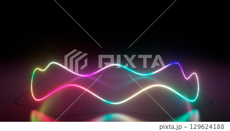 3d rendering. Neon curves in the form of geometric shapes on a black background with reflection on the floor. Bright scene 129624188