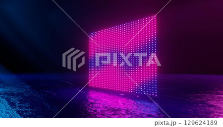 3d rendering, abstract , screen pixels, glowing dots, neon lights, virtual reality, ultraviolet spectrum, pink blue vibrant colors, catwalk fashion podium, laser show, stage, isolated on black 129624189