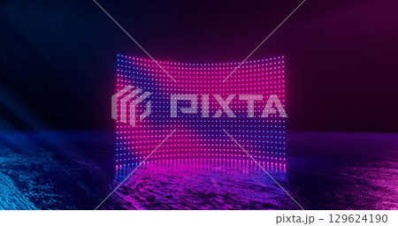 3d rendering, abstract , screen pixels, glowing dots, neon lights, virtual reality, ultraviolet spectrum, pink blue vibrant colors, catwalk fashion podium, laser show, stage, isolated on black 129624190