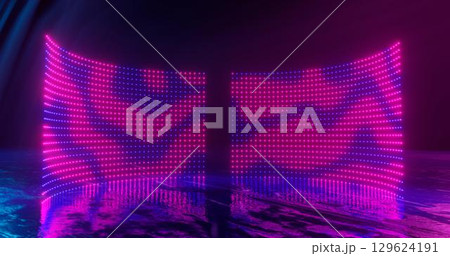 3d rendering, abstract , screen pixels, glowing dots, neon lights, virtual reality, ultraviolet spectrum, pink blue vibrant colors, catwalk fashion podium, laser show, stage, isolated on black 129624191