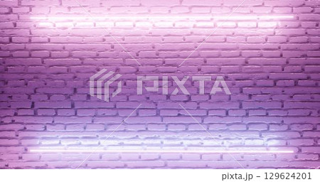 3d rendering. Brick wall illuminated by a pink neon lamp. Abstract background. Light effect on the protruding surface. 129624201