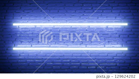 3d rendering. Brick wall illuminated by a neon blue light. Abstract background. Light effect on the protruding surface. 3d rendering. Brick wall illuminated by a neon blue light. Abstract background. Light effect on the protruding surface. 129624202