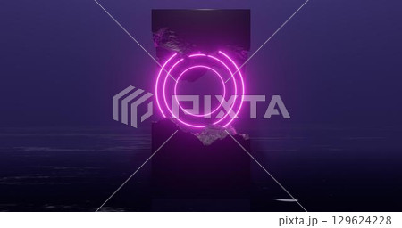3d rendering illustration. Hoop or circle, Purple and red neon light on the background of a chopped granite block. Neon frame for your design 129624228