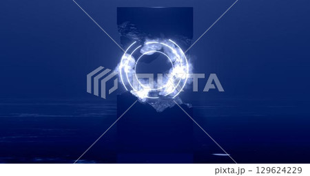 3d rendering illustration. Hoop or circle, Purple and red neon light on the background of smoke and steam among the chopped granite block. Neon frame for your design 129624229