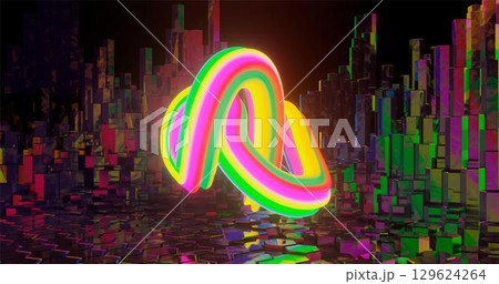 3d rendering. Twisted torus with various-colored diagonal stripes against the background of hex posts. Graphic illustration for your business. 129624264