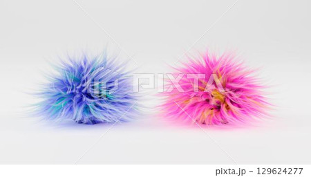 3d rendering. Two fluffy balls of blue and pink color lie on a plane, isolated by a white background. graphic illustration. 3d rendering. Two fluffy balls of blue and pink color lie on a plane, isolated by a white background. graphic illustration. 129624277