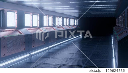 3d rendering. The fantastic corridor of the space station or the futuristic interior of the space ship in light blue neon lighting. Graphic illustration. 3d rendering. The fantastic corridor of the space station or the futuristic interior of the space ship in light blue neon lighting. Graphic illustration. 129624286