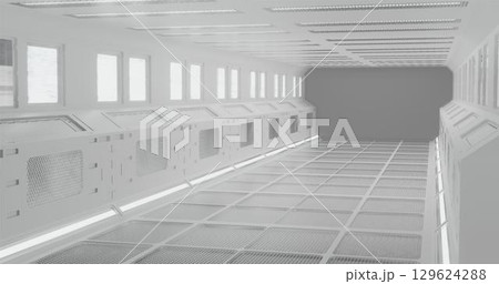 3d rendering. The fantastic corridor of the space station or the futuristic interior of the spacecraft in white neon lighting. Graphic illustration. 129624288