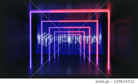 3D Rendering. Geometric figure in neon light against a dark tunnel. Laser glow. 3D Rendering. Geometric figure in neon light against a dark tunnel. Laser glow. 129624322