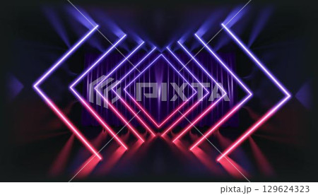 3D Rendering. Geometric figure in neon light against a dark tunnel. Laser glow. 3D Rendering. Geometric figure in neon light against a dark tunnel. Laser glow. 129624323