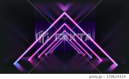 3D Rendering. Geometric figure in neon light against a dark tunnel. Laser glow. 129624324