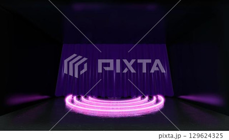 3D rendering. Geometric figure in neon light against a dark theatrical stage with a curtain. Laser glow. 3D rendering. Geometric figure in neon light against a dark theatrical stage with a curtain. Laser glow. 129624325