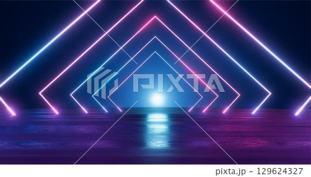 3D Rendering. Geometric figure in neon light against a dark tunnel. Laser glow. 129624327