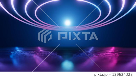 3D Rendering. Geometric figure in neon light against a dark tunnel. Laser glow. 129624328