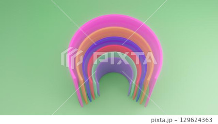 3d rendering. Multi-colored cut cylinders on the background of green canvas. Abstract illustration. 129624363
