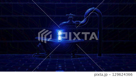 3d rendering. Interior bathroom with bathtub, faucet, and sewer pipes. Night scene with neon contour lines. Abstract illustration. Background 3d rendering. Interior bathroom with bathtub, faucet, and sewer pipes. Night scene with neon contour lines. Abstract illustration. Background 129624366