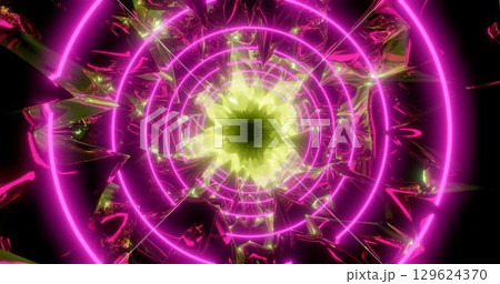 3d rendering, abstract background, cosmic landscape, round portal, pink neon light, virtual reality, energy source, glowing corridor, dark space, ultraviolet spectrum, laser, smoke, fog, earth 129624370