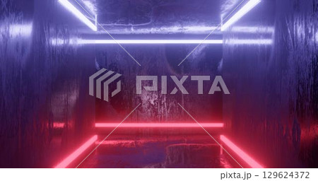 3d rendering. Underground tunnel or corridor lit with bright neon lamps. Futuristic background. Dark dungeon. 129624372