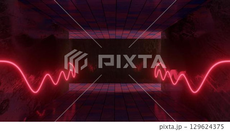 3d rendering. Underground tunnel or corridor lit with bright neon lamps. Futuristic background. Dark dungeon. 129624375