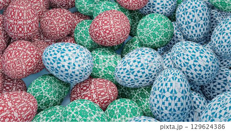 3d rendering. Illustration of easter eggs of red, blue and green color. Festive background. 3d rendering. Illustration of easter eggs of red, blue and green color. Festive background. 129624386