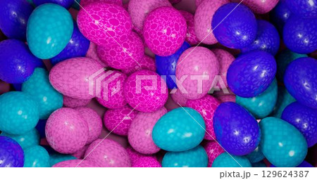 3d rendering. Illustration of easter eggs of blue, blue and pink color. Festive background 3d rendering. Illustration of easter eggs of blue, blue and pink color. Festive background 129624387