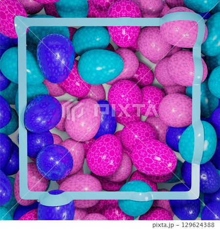3d rendering. Illustration of easter eggs of blue, blue and pink color. Blue ribbon in the form of a frame. Festive background 3d rendering. Illustration of easter eggs of blue, blue and pink color. Blue ribbon in the form of a frame. Festive background 129624388
